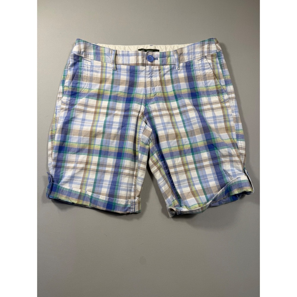 Eddie Bauer Plaid Roll Tab Shorts Womens P6 Blue Green Cotton Casual Hiking